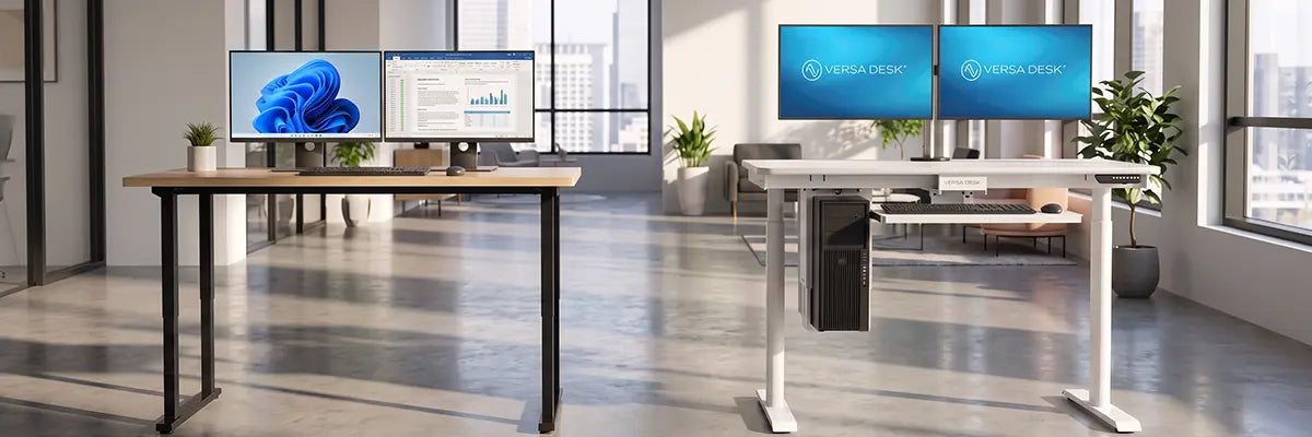 Side-by-side comparison of a 2-leg standing desk with black frame and wood top on the left, and a 4-leg white standing desk with dual monitor arm on the right, in a modern office setting.