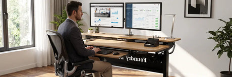 Man seated at a VersaDesk Foundry Bench desk viewing a blog and affiliate marketing performance dashboard on dual monitors
