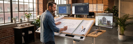 Male architect standing at VersaDesk electric drafting table reviewing large architectural blueprints with dual CAD monitors and 3D building render in bright brick loft studio