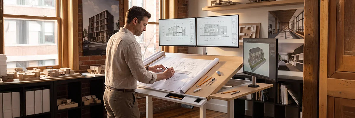 Male architect standing at VersaDesk electric drafting table with tilted surface reviewing architectural blueprints, dual CAD monitors and building models in bright brick loft studio