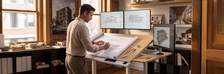 Male architect standing at VersaDesk electric drafting table with tilted surface reviewing architectural blueprints, dual CAD monitors and building models in bright brick loft studio