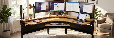 VersaDesk bamboo corner standing desk with four monitors and laptop in cozy home office with plants, brass lamp and beige armchair