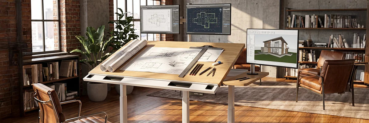 VersaDesk bamboo drafting table with architectural blueprints, rolled drawings and drafting tools, 3D house render on monitor in warm brick loft studio with leather chair and bookshelf