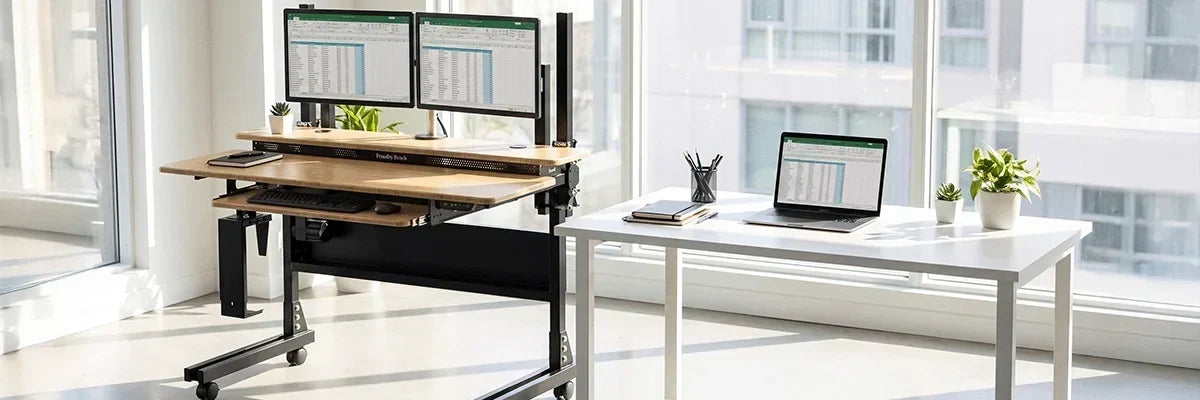 VersaDesk Foundry Bench bamboo standing desk with dual monitors next to white regular desk with laptop in bright modern office with city view
