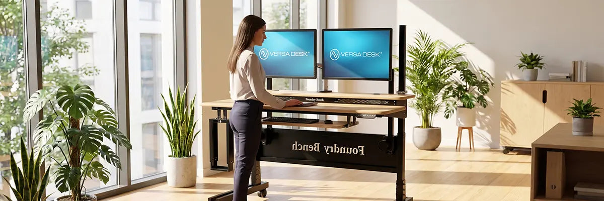 Woman standing at a height-adjustable desk with dual monitors and open wood shelving, reflecting an eco-friendly bamboo desk aesthetic