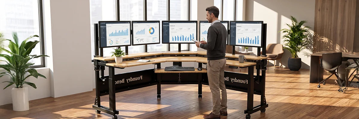 VersaDesk U-shaped executive standing desk with multiple monitors and ergonomic accessories in premium office