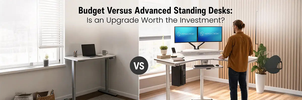 Side-by-side comparison of a basic standing desk versus a VersaDesk advanced standing desk with dual monitor arm and keyboard tray