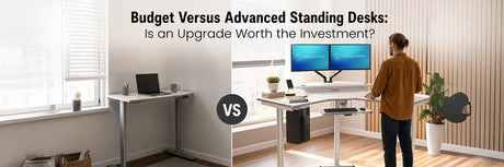 Side-by-side comparison of a basic standing desk versus a VersaDesk advanced standing desk with dual monitor arm and keyboard tray
