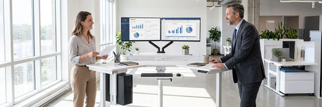 Two colleagues discussing work at a standing desk with data charts on dual monitors, illustrating workplace productivity benefits to convince employers to invest in ergonomic desks.