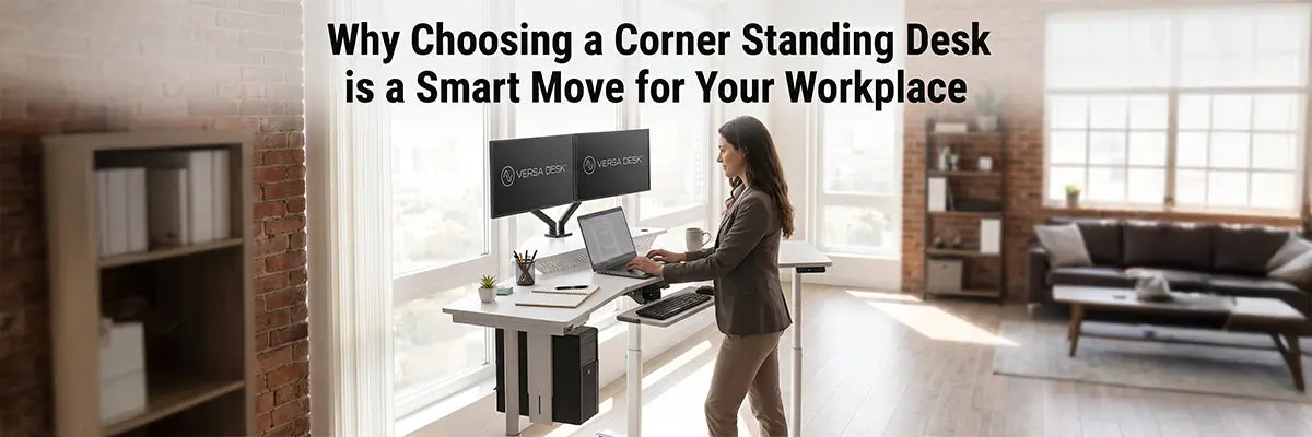 Woman working at a VersaDesk corner standing desk with dual monitor mount in a brick-accented home office