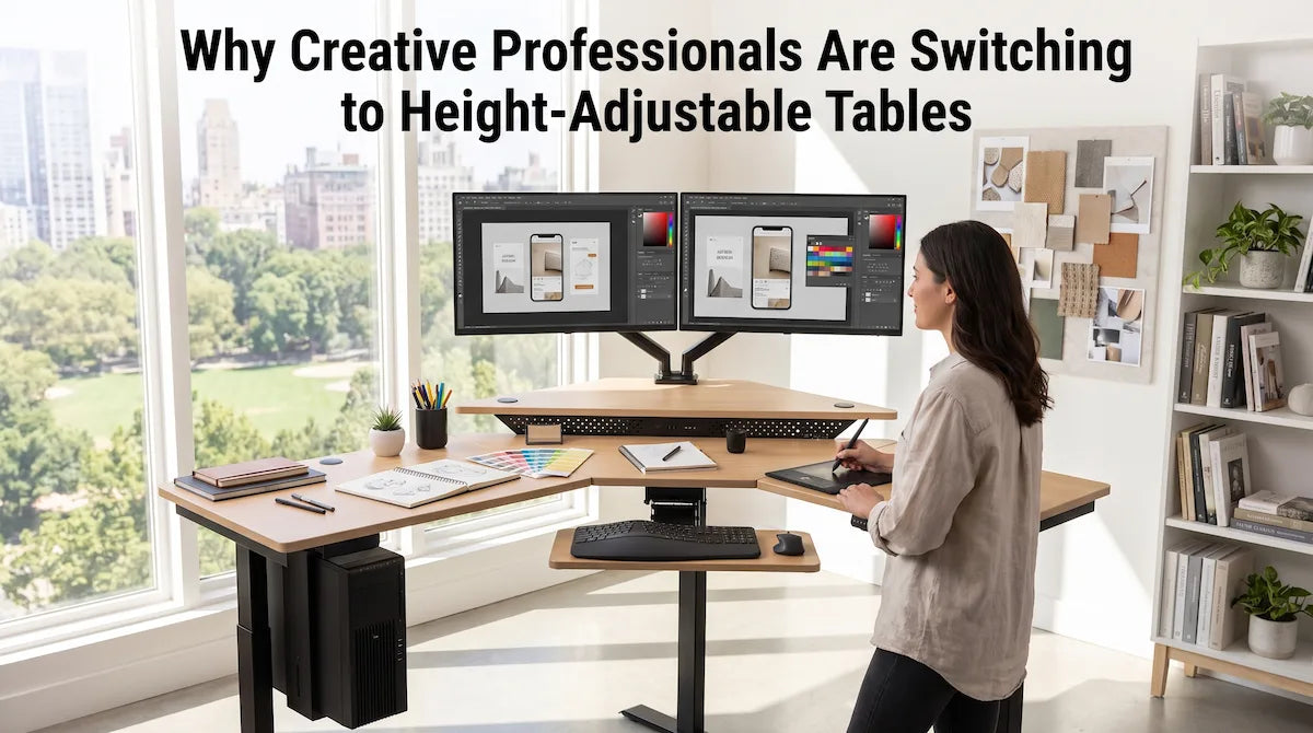Illustrator working standing at a height-adjustable corner desk with dual monitors, drawing tablet, and sketchbooks in a bright studio