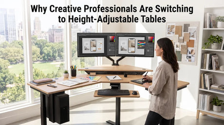 Illustrator working standing at a height-adjustable corner desk with dual monitors, drawing tablet, and sketchbooks in a bright studio