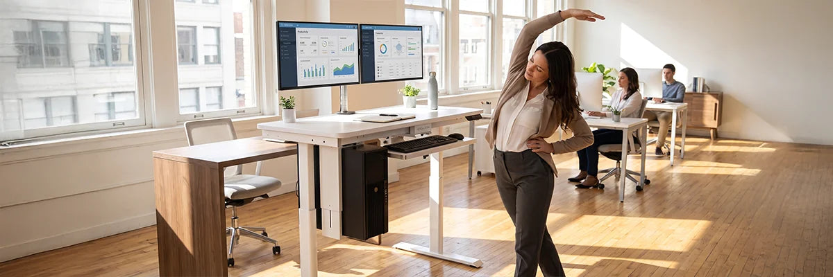 Woman stretching at her standing desk in a modern office, demonstrating easy desk exercises to stay active and reduce sedentary work habits.
