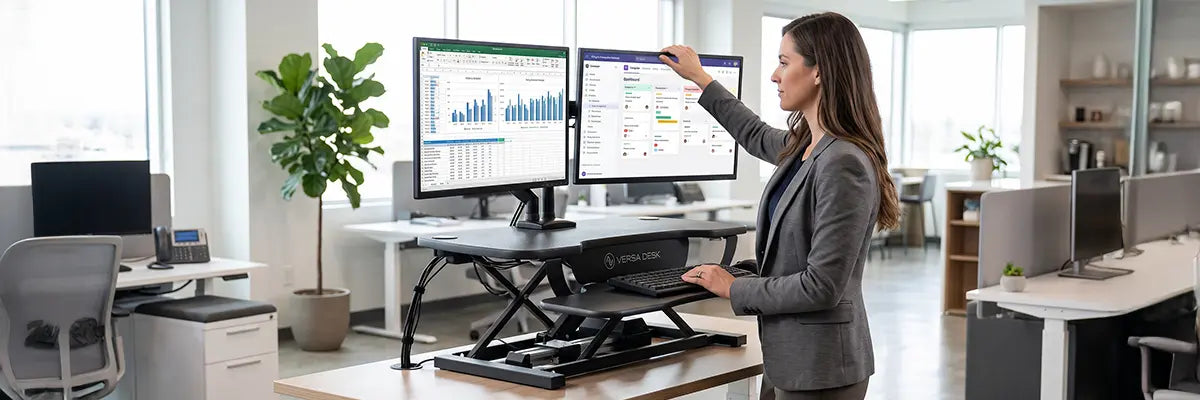 Woman raising a dual monitor arm on a VersaDesk height-adjustable standing desk converter, with spreadsheet and dashboard displays across both screens