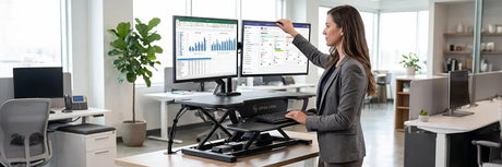 Woman raising a dual monitor arm on a VersaDesk height-adjustable standing desk converter, with spreadsheet and dashboard displays across both screens