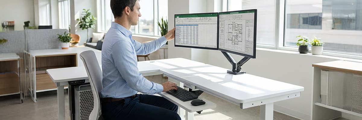 Man adjusting a dual-monitor ergonomic arm mounted on a height-adjustable standing desk