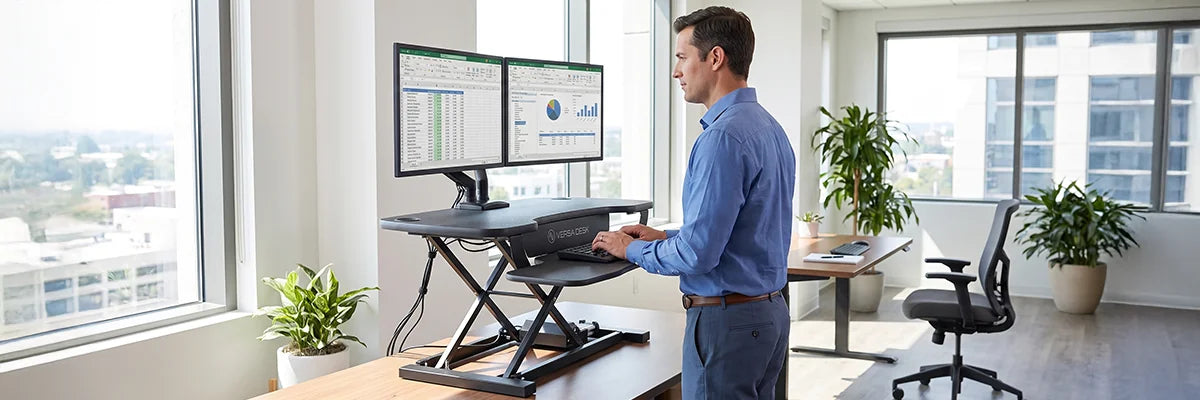 Man using a black electric standing desk riser with dual monitors on a wooden desk, comparing ergonomic desk riser options for healthier office work.