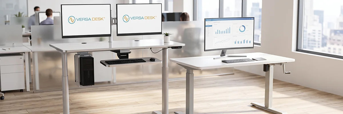 Side-by-side comparison of VersaDesk electric standing desk and manual crank desk in bright modern corporate office