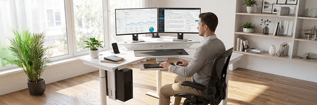 Man working at a corner standing desk viewing affiliate marketing analytics dashboards on dual monitors