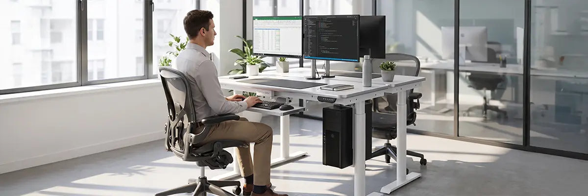 Man seated in an ergonomic chair at a height-adjustable desk with dual monitors and keyboard tray in a bright open office