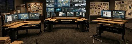 FBI command center featuring multiple VersaDesk Foundry Bench U-shaped and rectangular desks with surveillance monitors, investigation boards and maps in dark operations room
