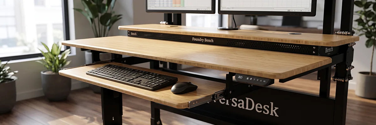 Close-up of VersaDesk Foundry Bench bamboo standing desk with pull-out keyboard tray holding keyboard and mouse, dual monitors visible above in modern office