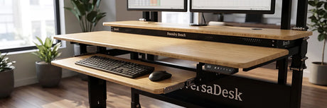 Close-up of VersaDesk Foundry Bench bamboo standing desk with pull-out keyboard tray holding keyboard and mouse, dual monitors visible above in modern office