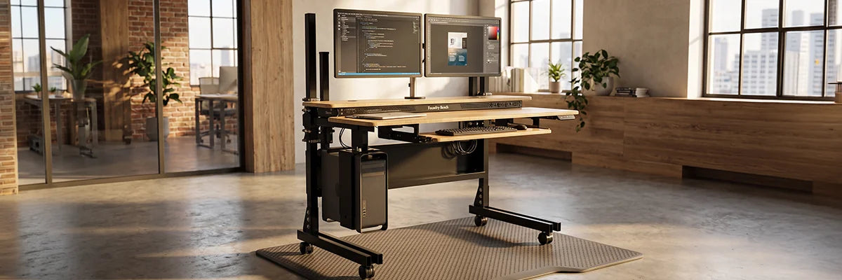 VersaDesk Foundry Bench standing desk with dual monitors on pole mount, CPU holder and anti-fatigue mat in industrial brick loft office with large windows