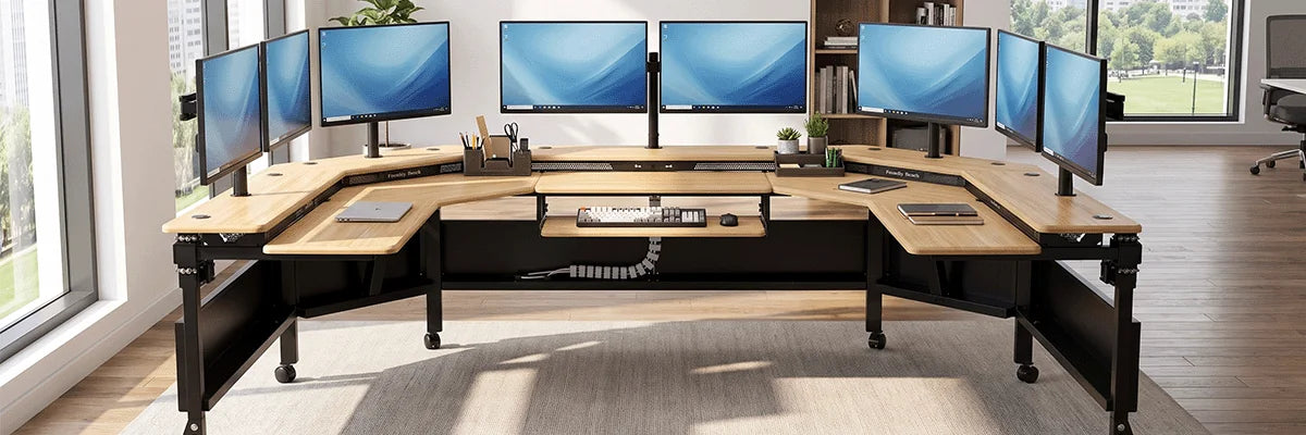 VersaDesk Foundry Bench wraparound bamboo standing desk with eight curved monitors, keyboard tray and office accessories in bright modern office with large windows