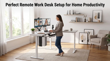 Professional using a standing desk with dual monitors during a video meeting in a home office.