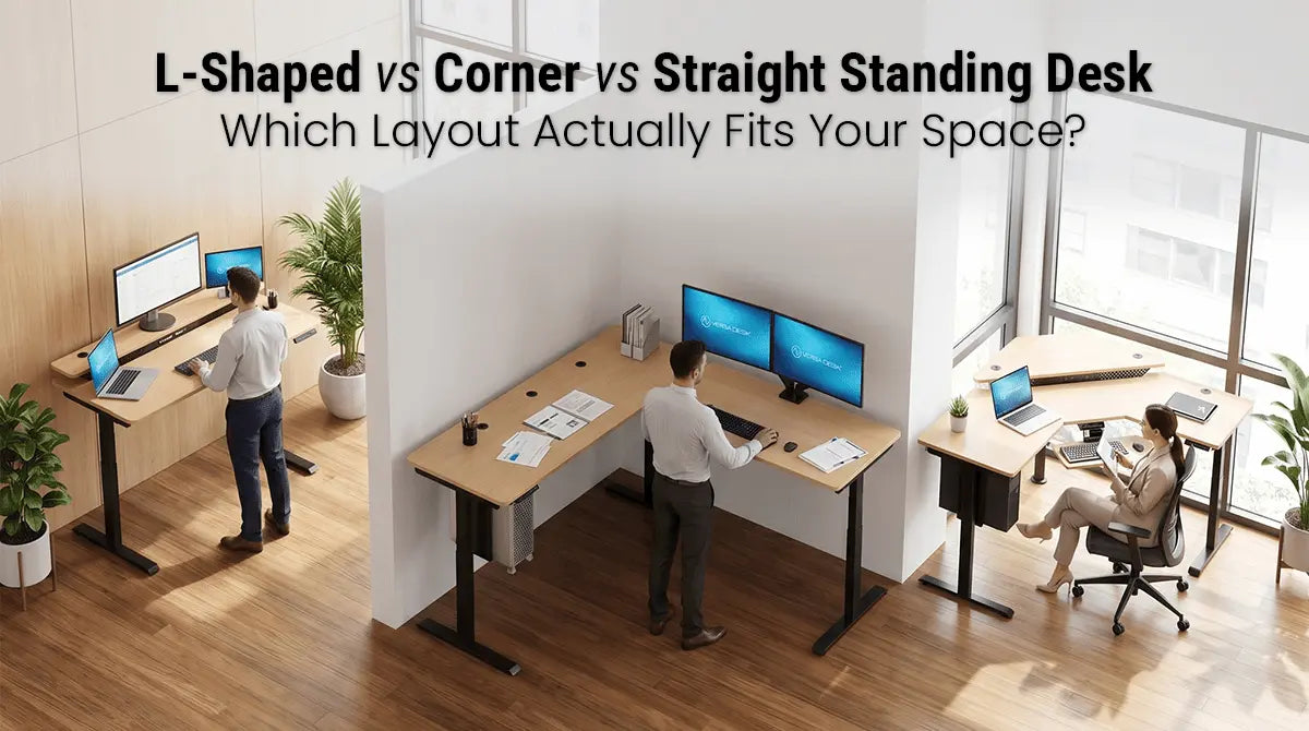 Comparison of L-shaped, straight, and corner standing desks in a modern home office with multiple workstations