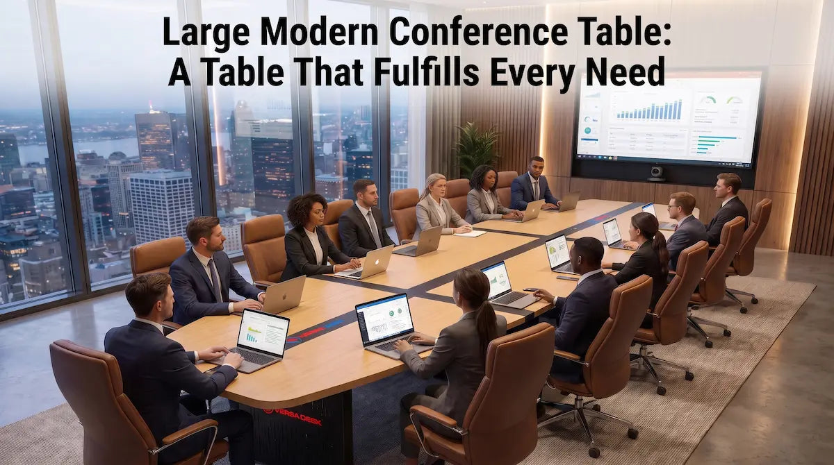 Large modern conference table seating twelve people with laptops in a high-rise boardroom, featuring built-in power strips and a wall-mounted presentation screen