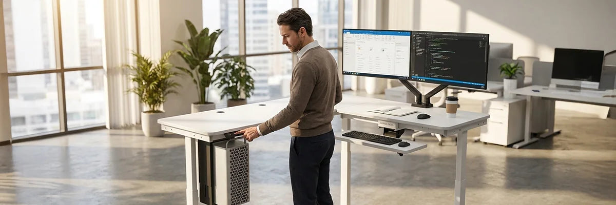Man adjusting a white electric standing desk with dual monitors in a spacious modern office, demonstrating key considerations before buying a height-adjustable desk for work.