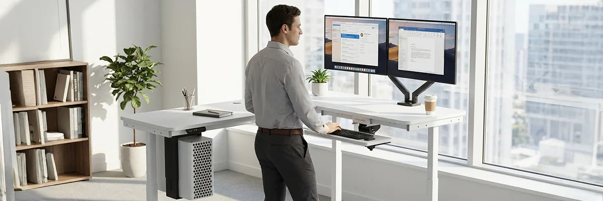 Man standing at a white ergonomic standing desk with dual monitors in a clean modern office with bookshelf, showcasing the health and productivity benefits of standing workstations.