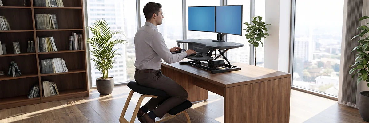 Man sitting on an ergonomic wooden kneeling chair at a desk with a black electric standing desk converter and dual monitors, demonstrating proper kneeling posture for spinal alignment in a modern office.