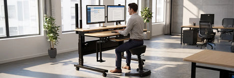 Man sitting on an ergonomic perching stool at a height-adjustable standing desk with dual monitors in a bright modern office, demonstrating active sitting posture and balance seat ergonomics.