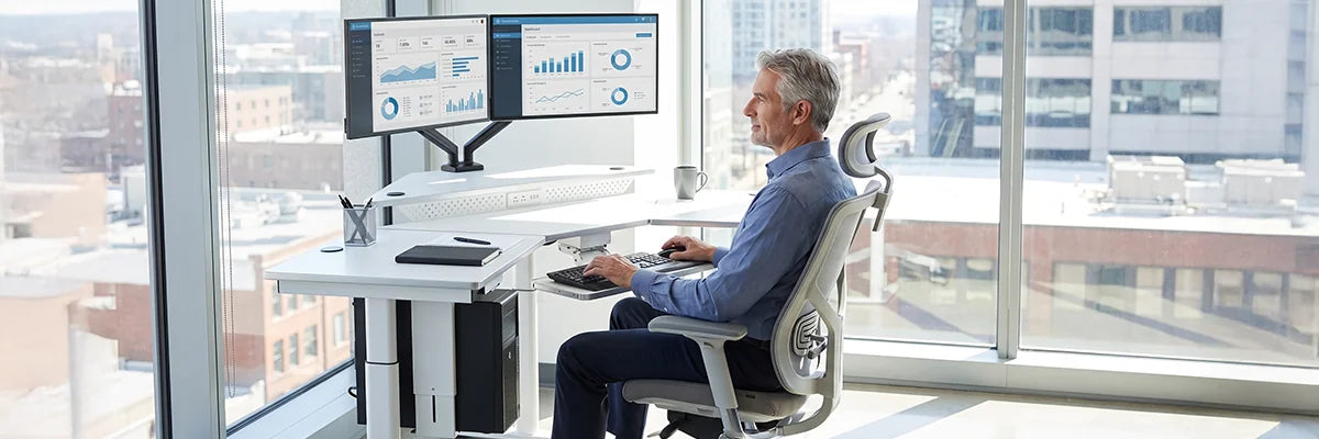 Professional man sitting at an adjustable height desk with proper ergonomic office chair and dual monitors, showing the sitting position of a sit-stand desk solution.