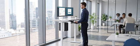 Man standing at a white electric standing desk with dual monitors in a modern open-plan office with colleagues in the background, illustrating the health benefits of standing at work.