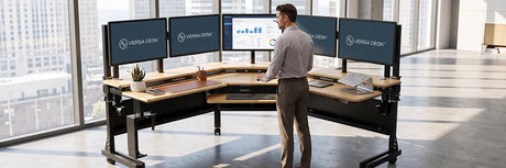 Man standing at a premium VersaDesk Foundry Bench curved standing desk with five monitors displaying analytics and branding, showcasing the ultimate multi-monitor ergonomic workstation in a bright corporate office with city views.