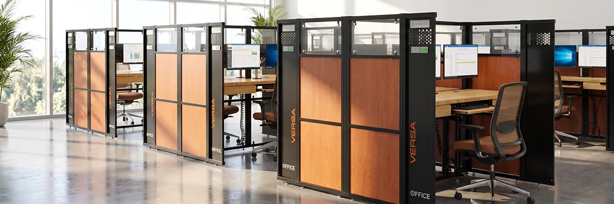 WorkNest modular office cubicles with woodgrain panels and integrated desks in bright contemporary open office layout
