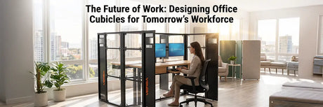 Woman working inside a modular VERBA office cubicle pod with a built-in VersaDesk standing desk and dual monitors