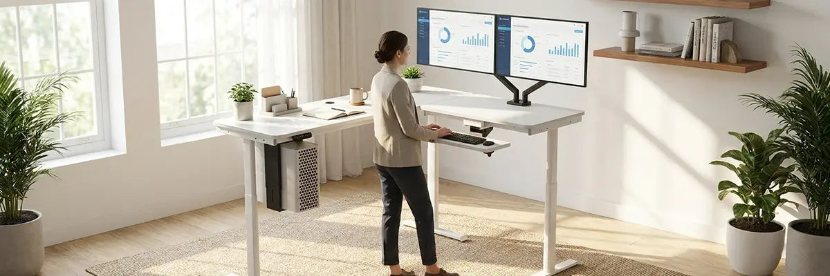 Woman standing at a VersaDesk Foundry Bench desk with dual monitors in a bright, plant-filled home office