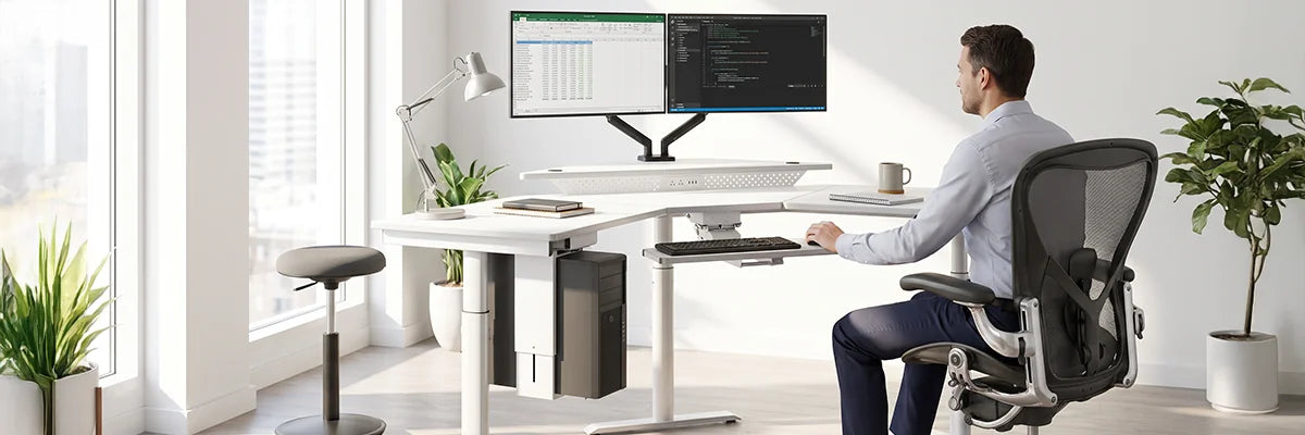 Professional seated in ergonomic mesh office chair at white VersaDesk L-shaped standing desk with dual monitors and active stool nearby