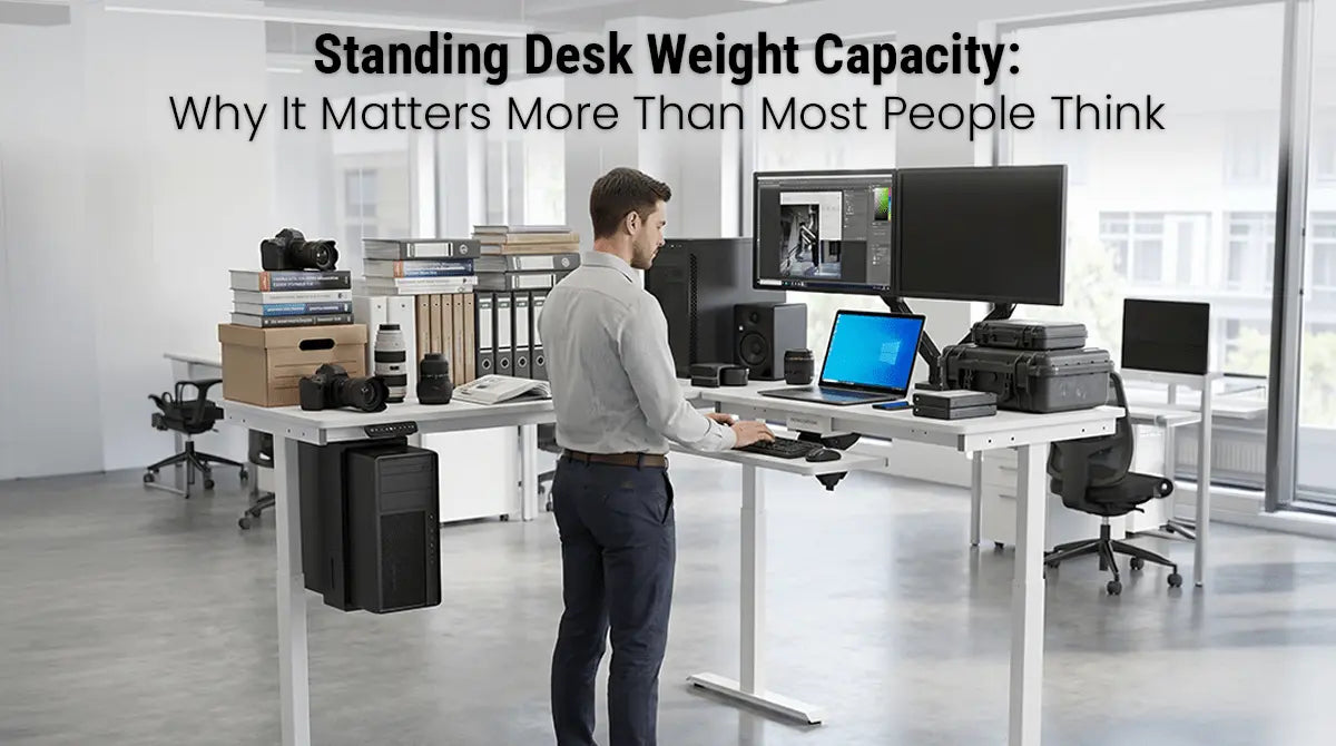 person testing standing desk weight capacity
