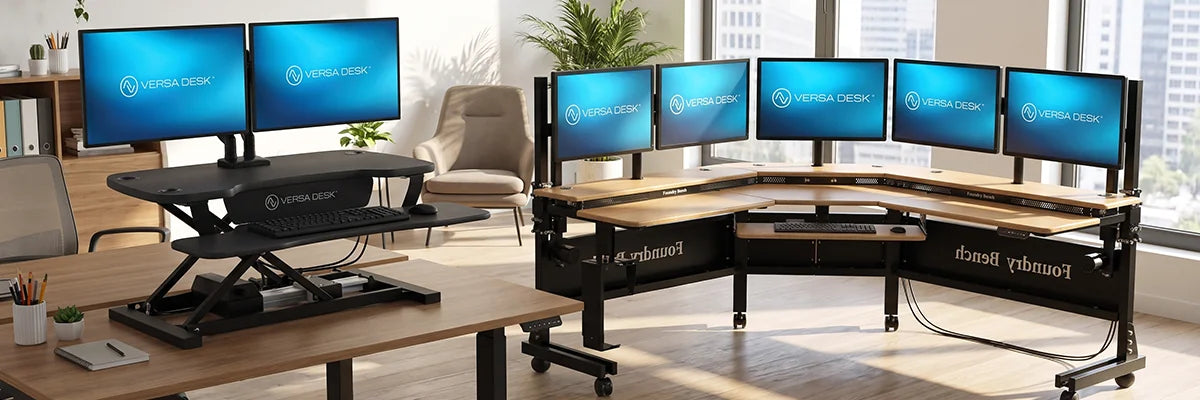VersaDesk PowerPro standing desk converter on regular desk next to Foundry Bench corner standing desk with six monitors in modern office