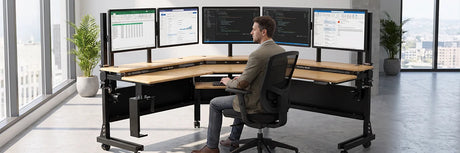 Professional seated in ergonomic mesh office chair at VersaDesk Foundry Bench U-shaped standing desk with five monitors in bright executive office