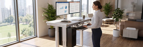 Woman working at an adjustable white standing desk with dual monitors near large windows with city skyline view, promoting office wellness and ergonomic work health.