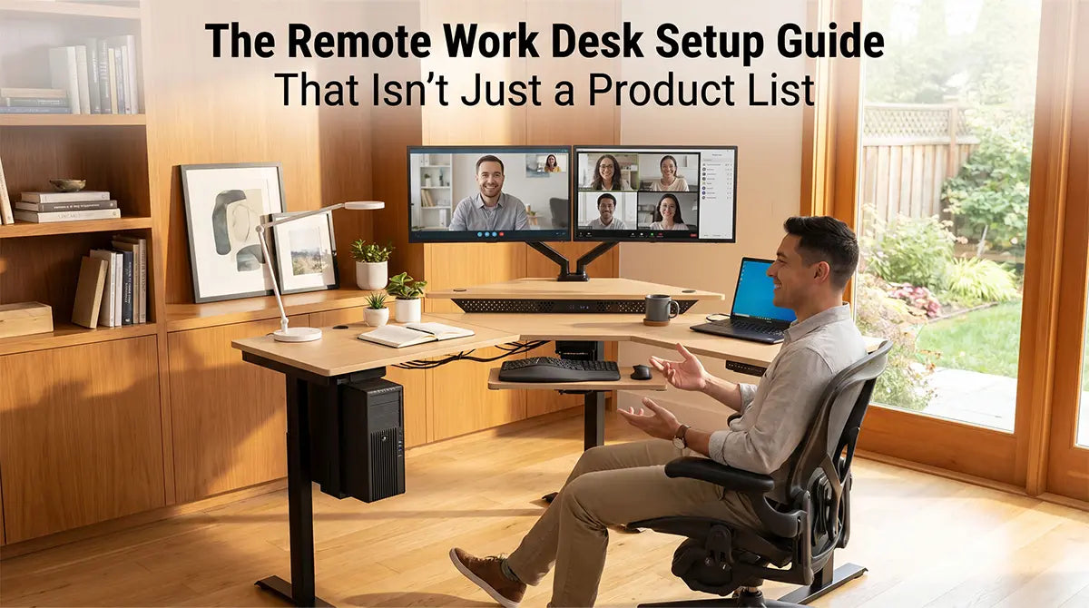 Man on a video call at a corner standing desk setup with dual monitors, keyboard tray, monitor arm, and desk lamp in a home office