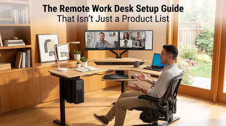 Man on a video call at a corner standing desk setup with dual monitors, keyboard tray, monitor arm, and desk lamp in a home office