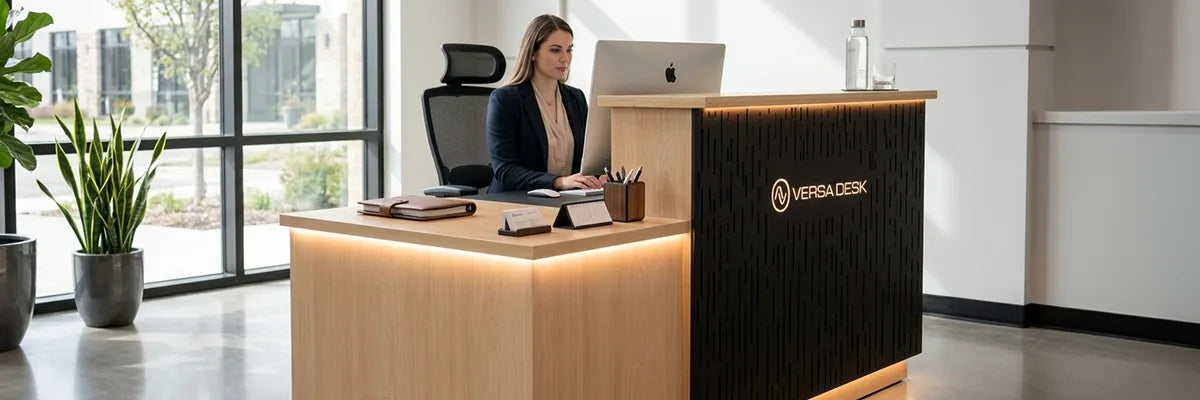 Receptionist working on a laptop at a compact VersaDesk reception desk with a light wood counter and dark slatted front panel in a small bright lobby with potted plants and large windows